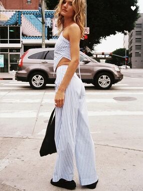 Princess Polly Blue & White Striped Wide-Leg Drawstring Pants
